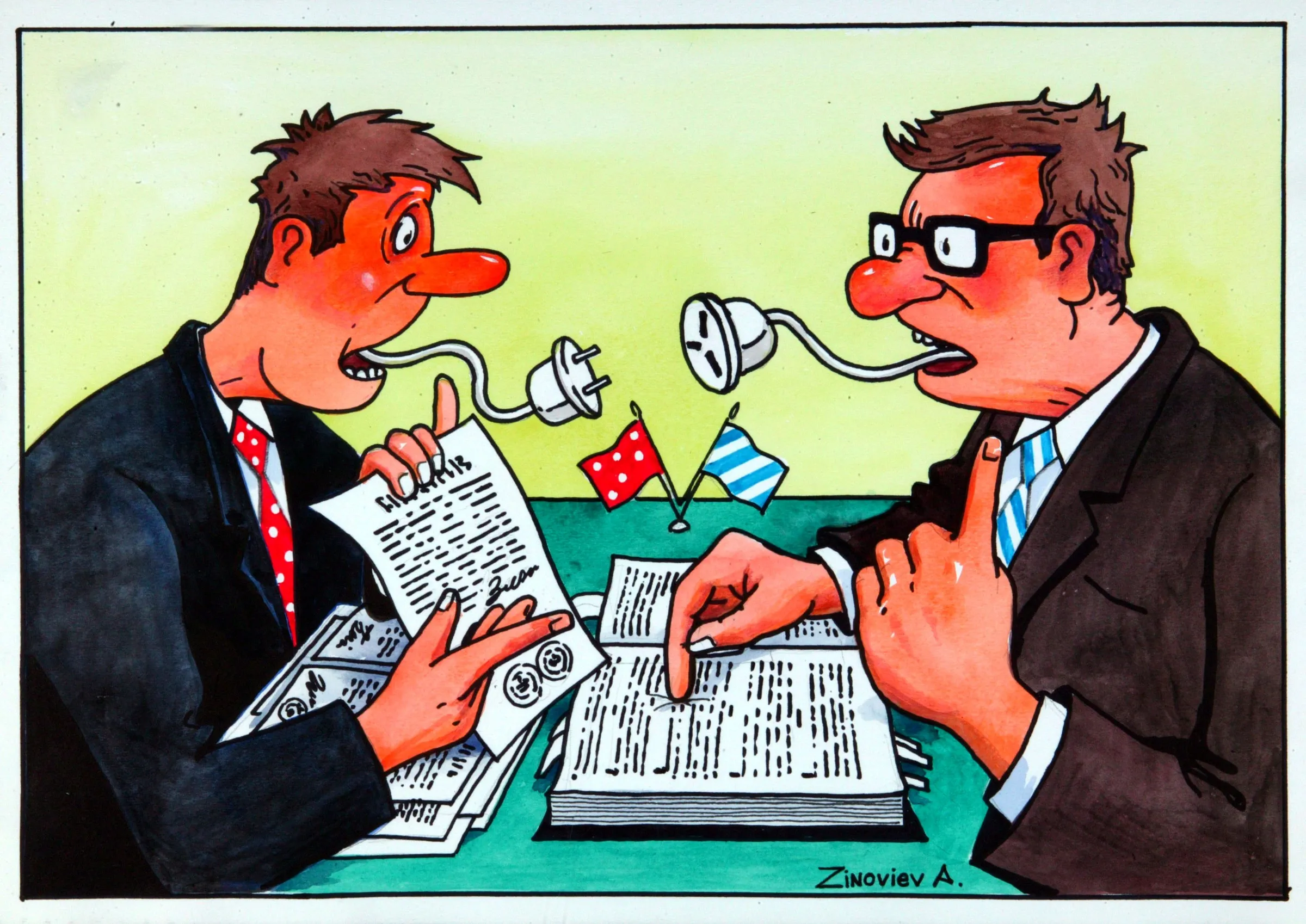 Cartoon of two officials reading newspapers, a plug running from one mouth into the socket of the other