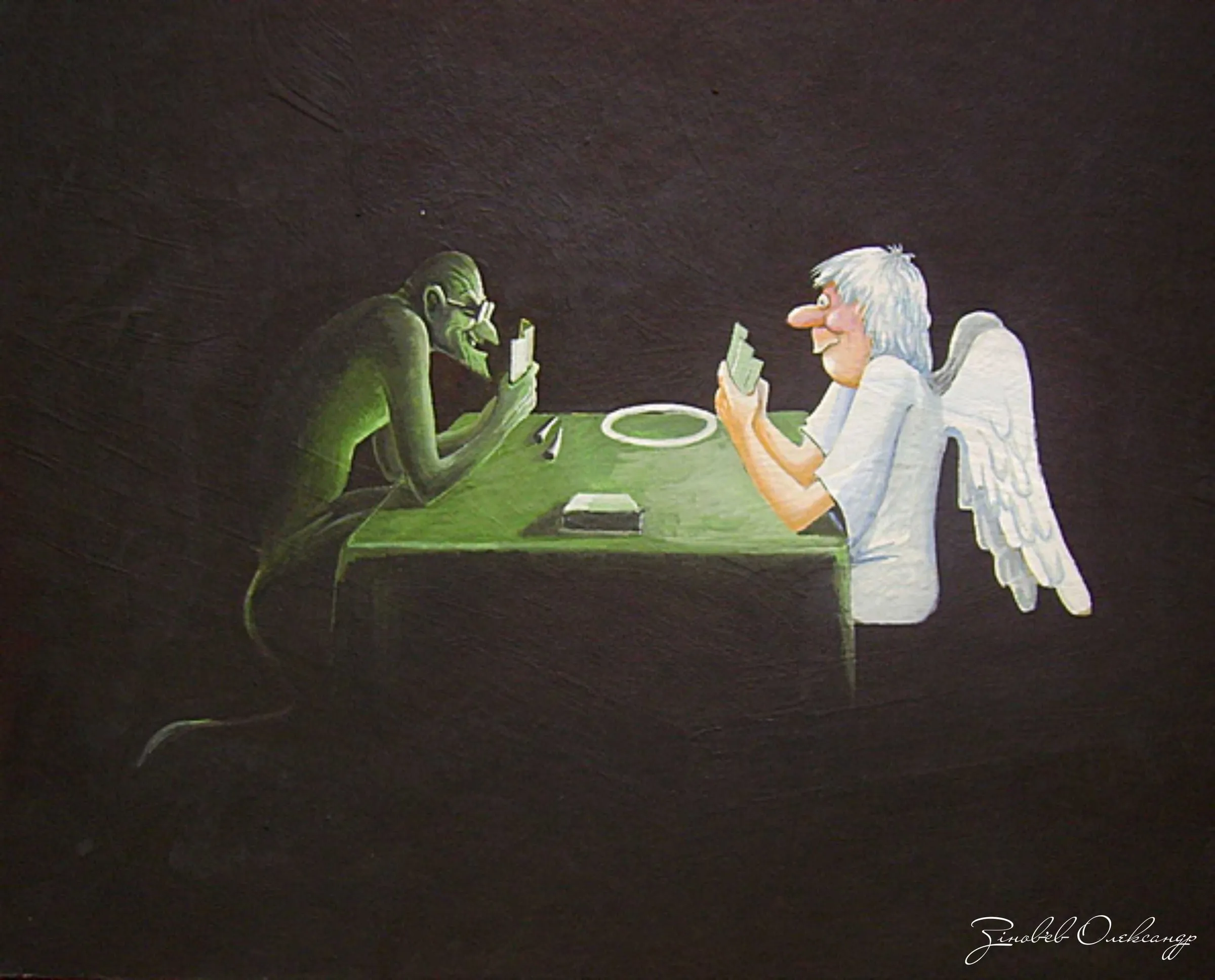 Cartoon of a devil and an angel playing cards across a green table in the dark