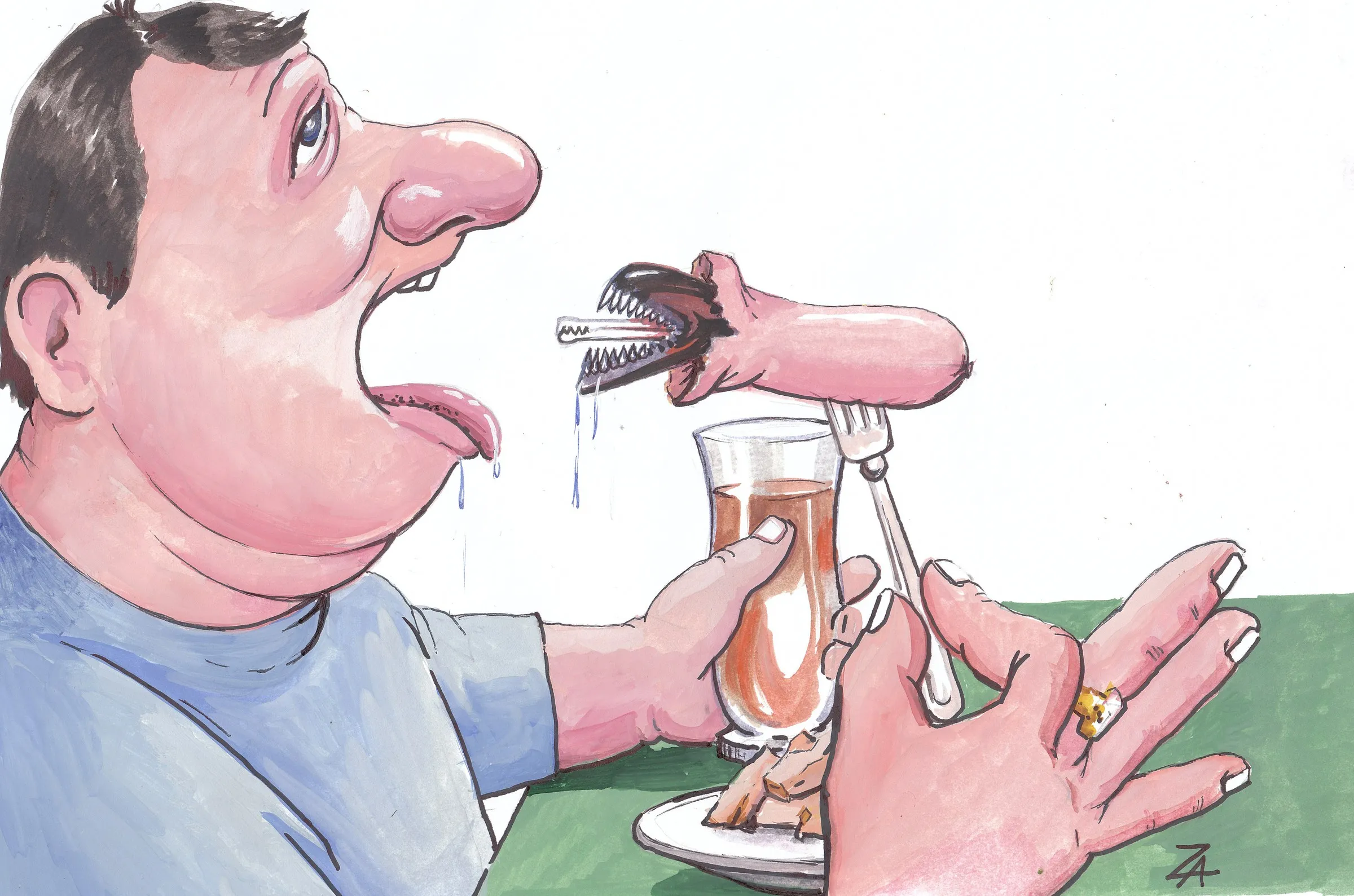 Cartoon of a man tipping a glass into his mouth while a mouse climbs out of his hand