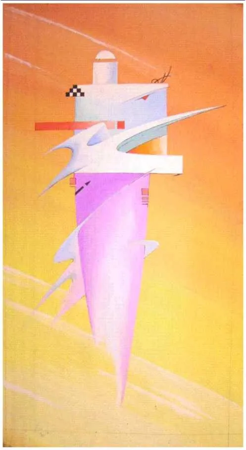 Graphic work in pink and orange: a white architectural shard breaking upward out of a violet cone