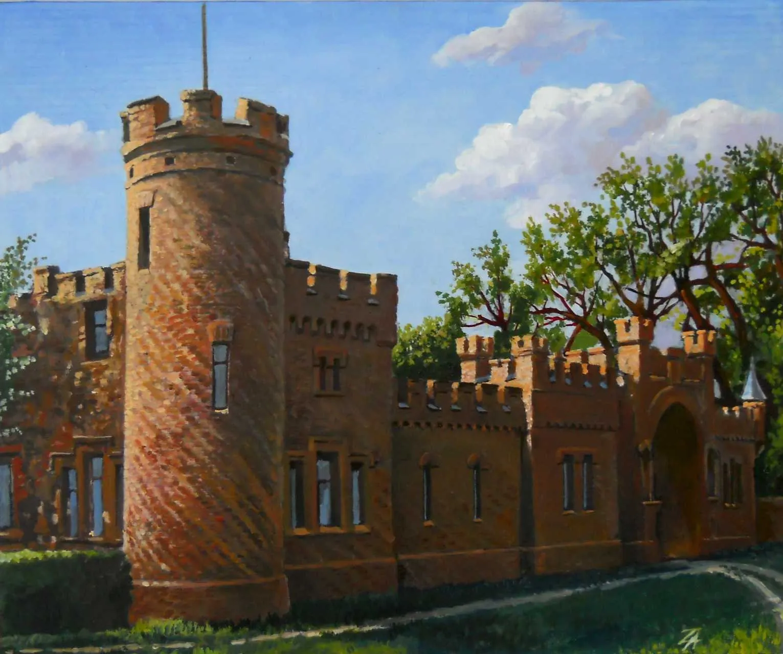 Oil painting of the red-brick south wing of the Popov Manor with its round crenellated tower under a summer sky