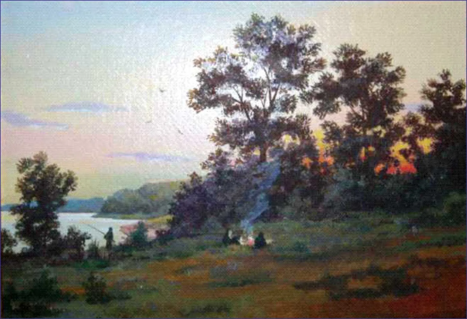 Oil painting of a dark treeline at dusk above a river, the last warm light caught in the leaves
