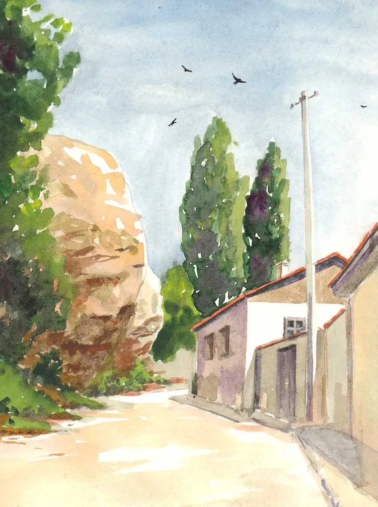 Oil painting of a sunlit Bakhchysarai street with cypresses, whitewashed walls and a pale cliff above