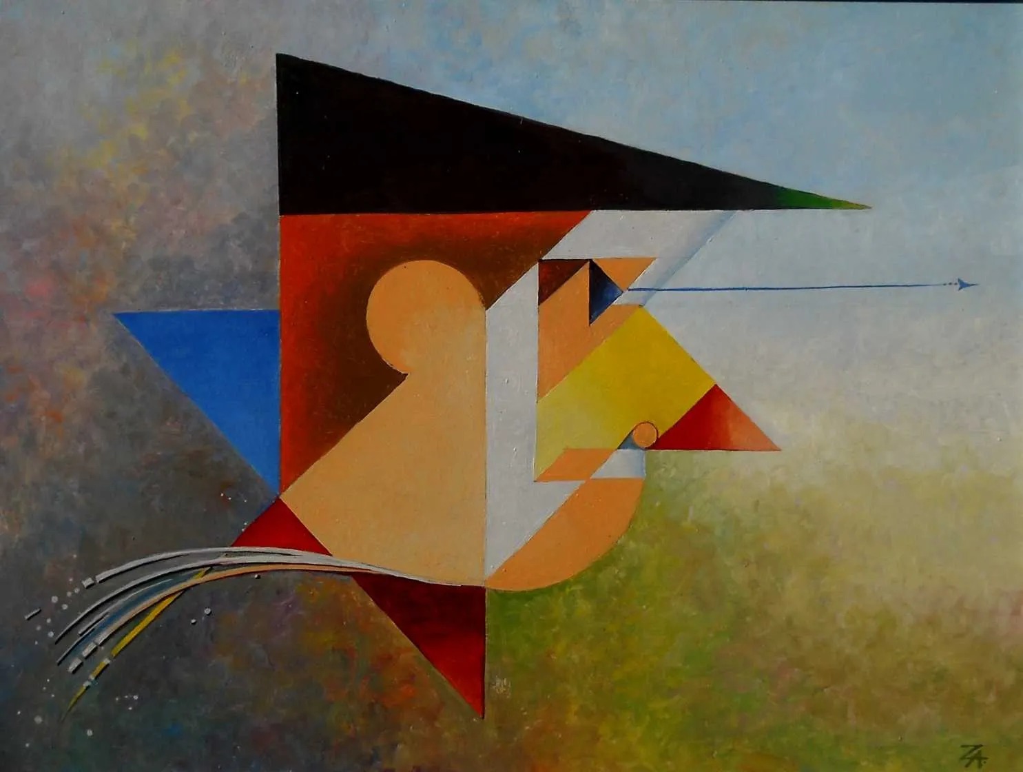 Geometric oil painting of an angular head under a black wedge, cut by red, blue and orange planes